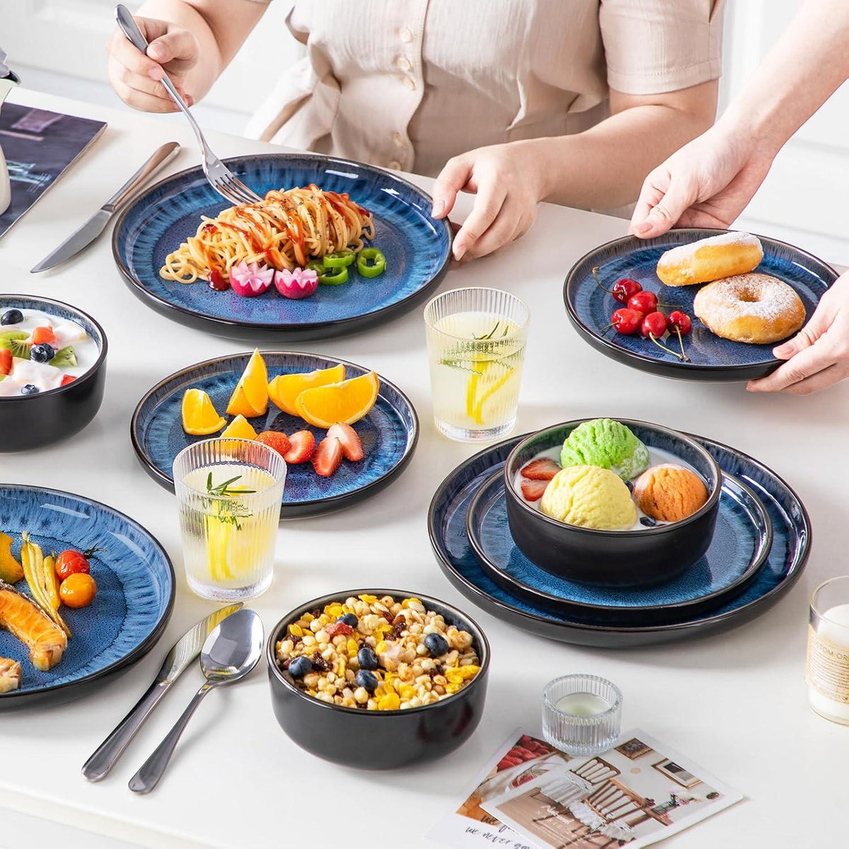 Geschirr Set 18tlg: Tafelservice 6 Personen Blau Steingut-Design