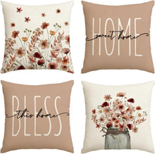 Herbst Kissenbezüge Blumen Blätter Vase 4er Set 50x50 cm Braun