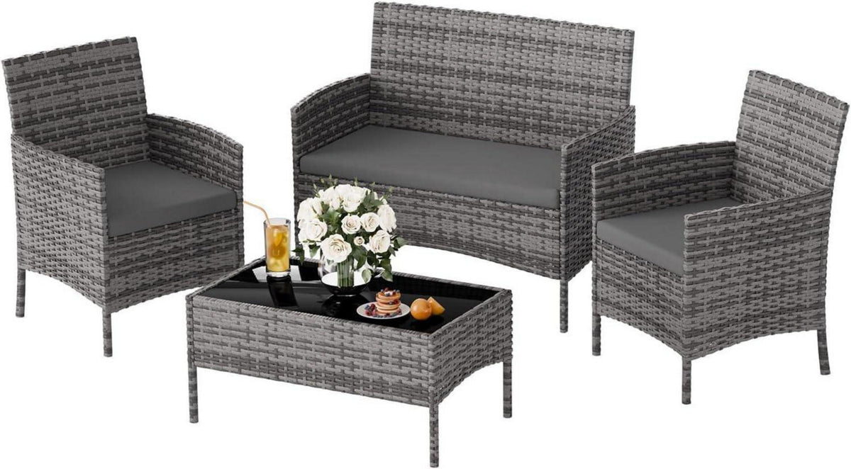 Polyrattan Sitzgruppe für 4 Personen mit Tisch, Sofa, Stühlen & Kissen
