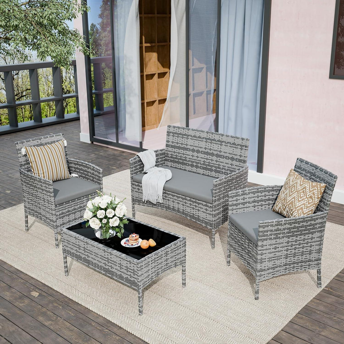 Outdoor Polyrattan Sitzgruppe 4 Personen Set Grau-meliert