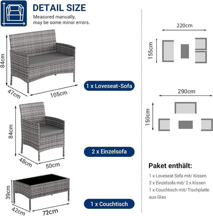 Polyrattan Sitzgruppe für 4 Personen mit Tisch, Sofa, Stühlen & Kissen