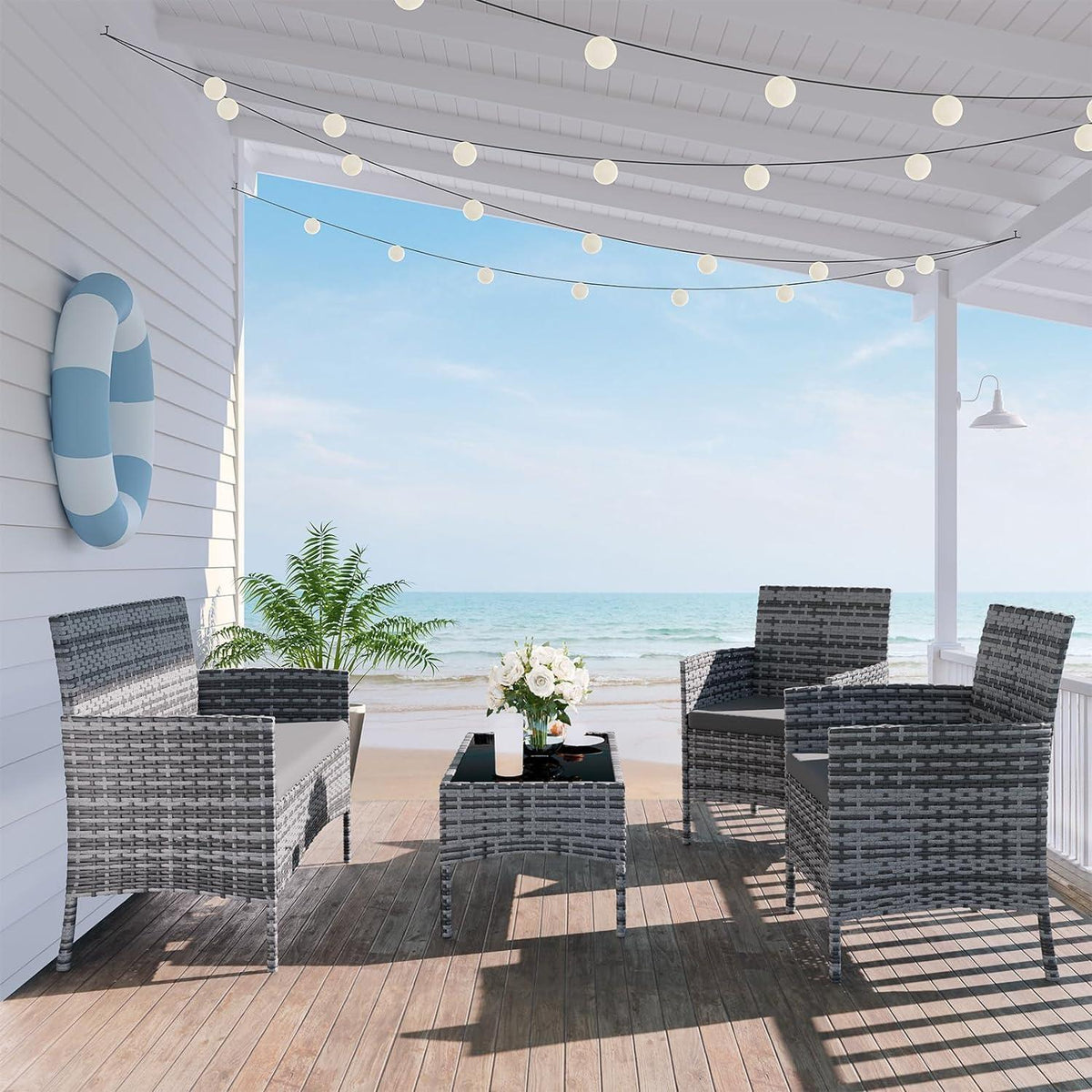 Polyrattan Gartenmöbel Set 4 Personen Grau Terrasse Balkon