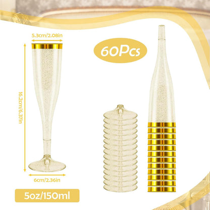 60 Stück Sektgläser Plastik Champagner Gläser 150ml Goldene Kante und Glitter