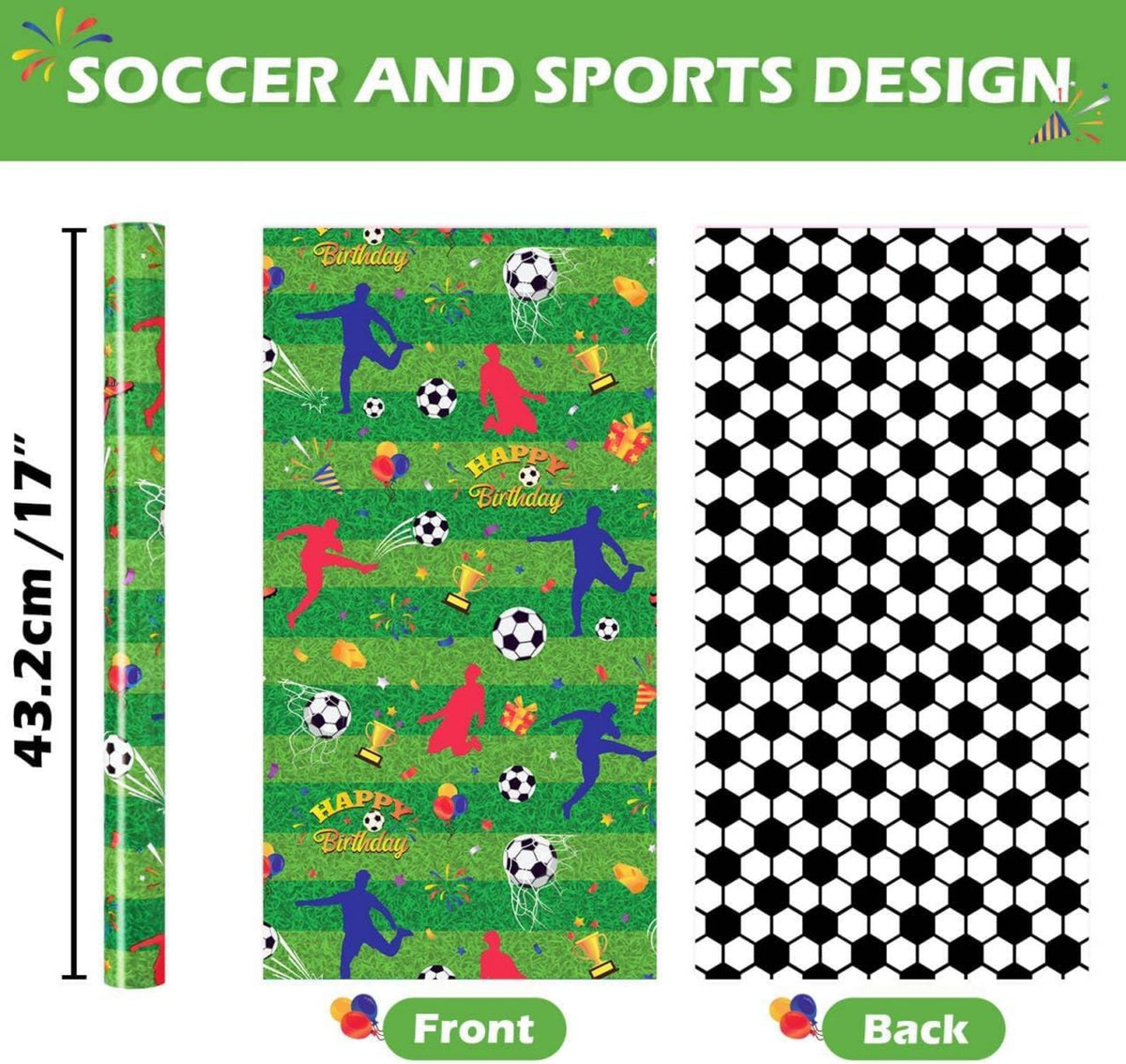 Fußball Geschenkpapier Rolle 43 cm × 10 m Sport Deko Jungen