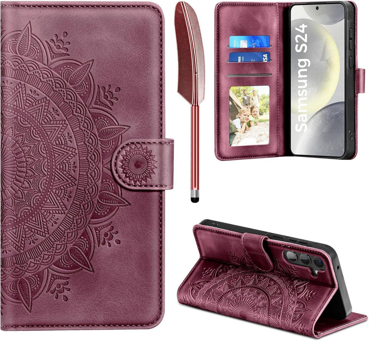 EASDNB Samsung Galaxy S24 5G Leder Flip Wallet Case Weinrot