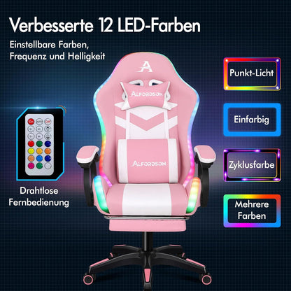 Racing Gaming Stuhl mit Massage und LED RGB Beleuchtung, Rosa