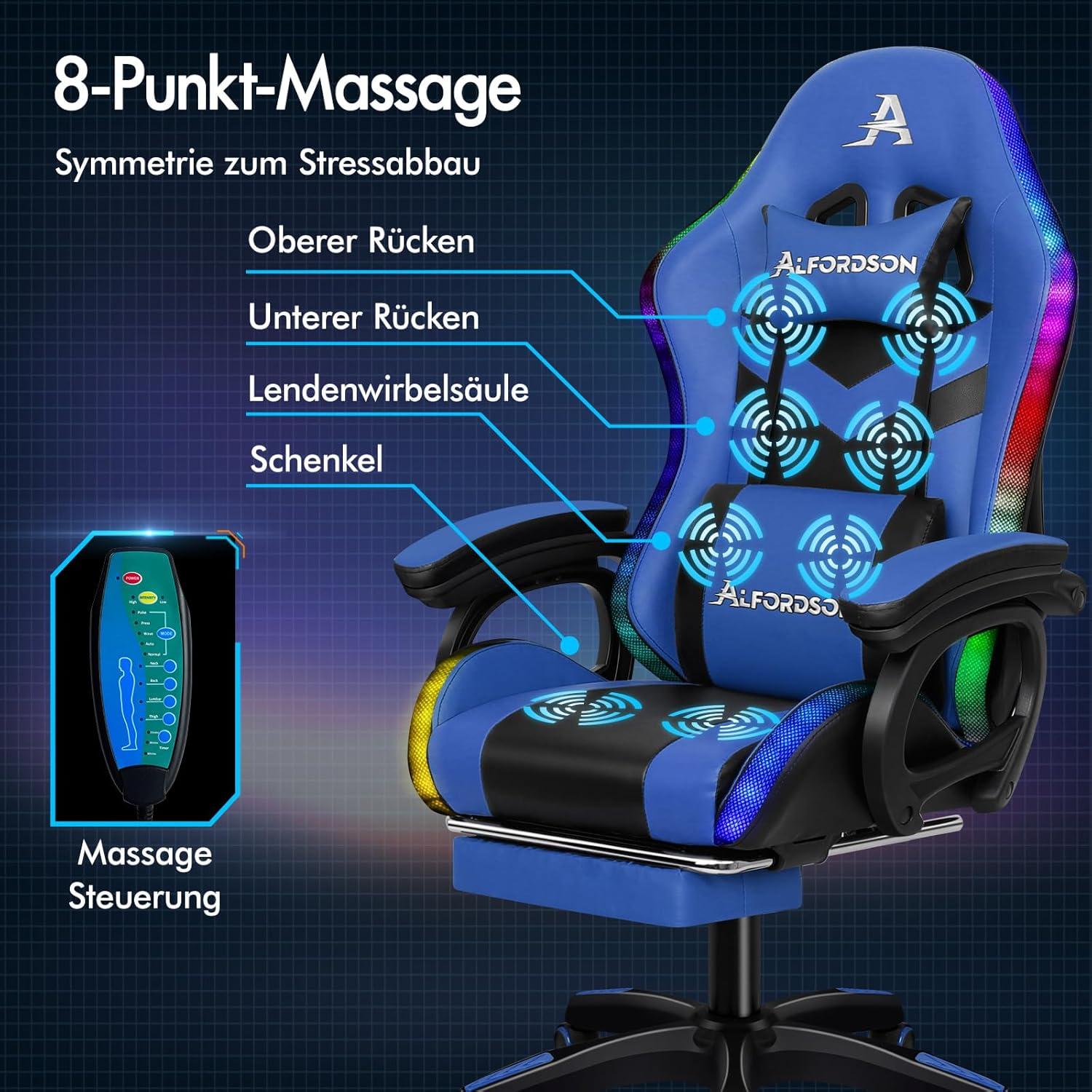 ALFORDSON Racing Gaming Stuhl mit Massage, 12 LED Farben, Ergonomisch, Fußstütze, Blau - Serie Marc