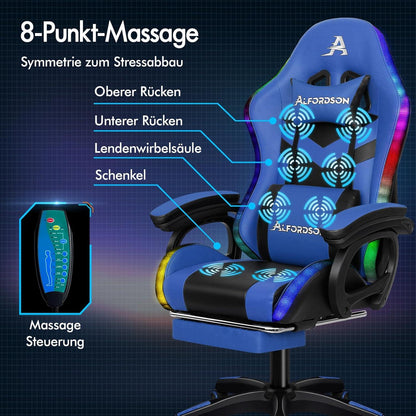 ALFORDSON Racing Gaming Stuhl mit Massage, 12 LED Farben, Ergonomisch, Fußstütze, Blau - Serie Marc