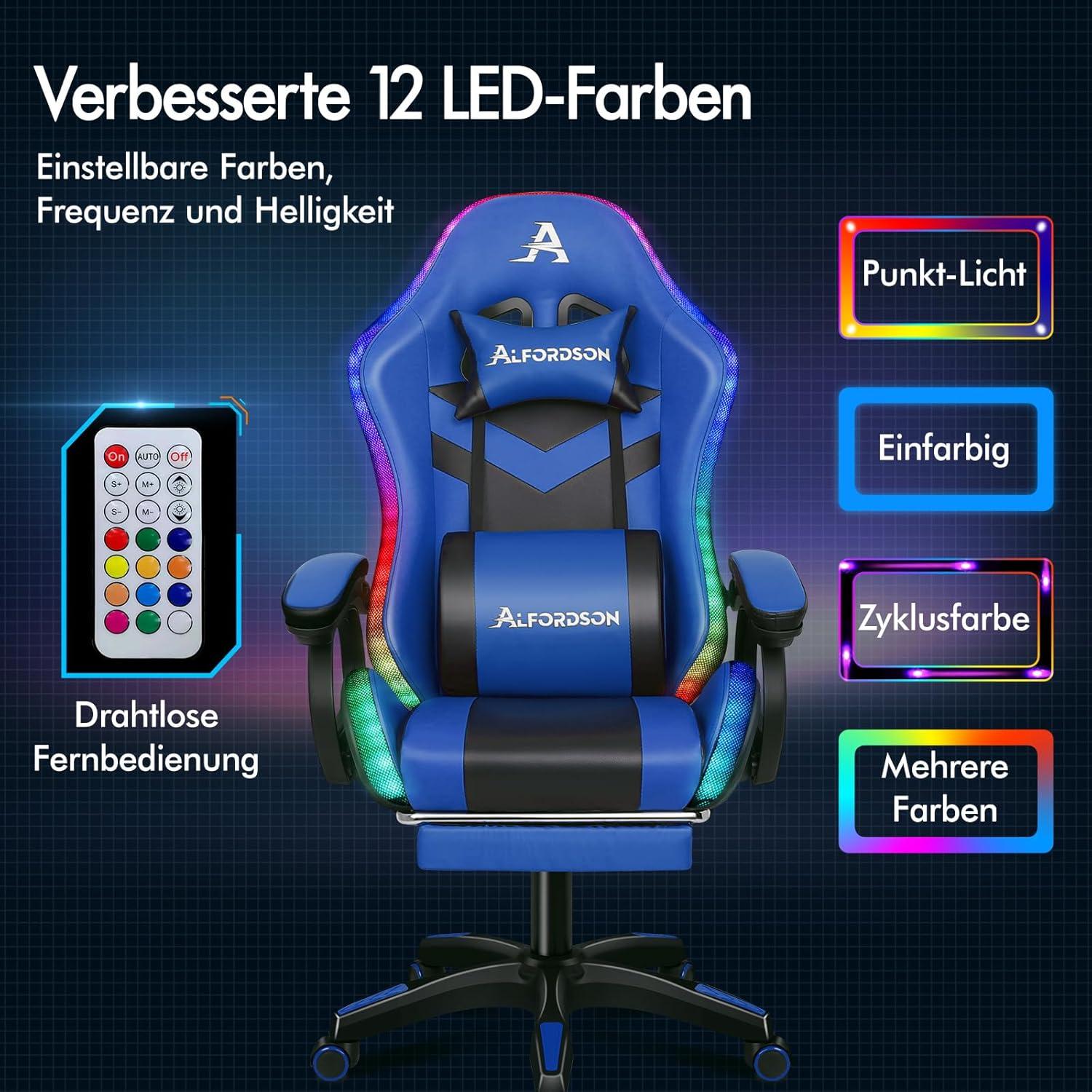 ALFORDSON Racing Gaming Massage Stuhl 12 LED RGB Blau - Ergonomischer Sessel