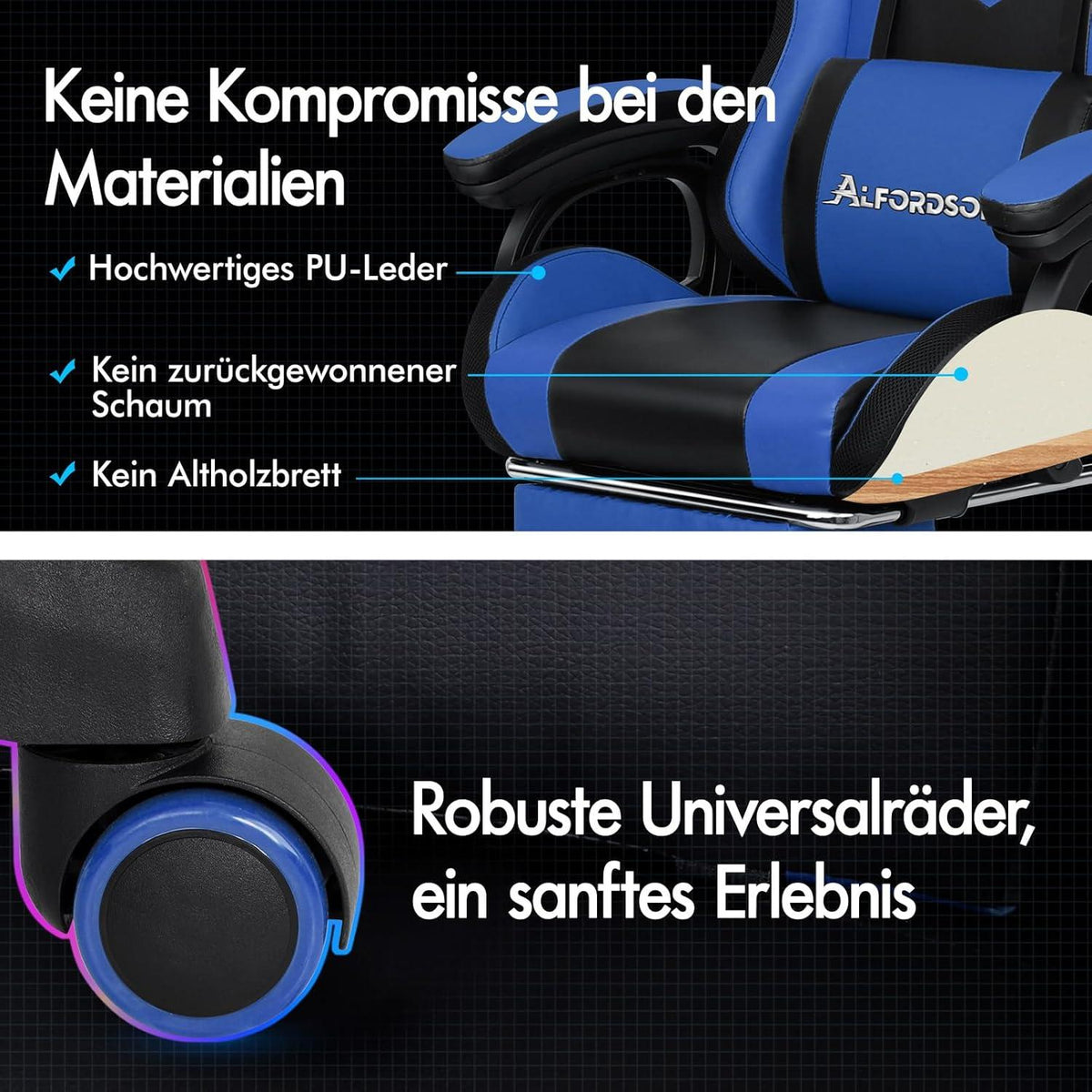 Racing Gaming Stuhl mit Massage LED RGB Lordosenstütze Liegestuhl
