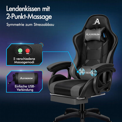 Gaming-Stuhl Racing-Gamer mit Lendenkissen Massage höhenverstellbar Grau