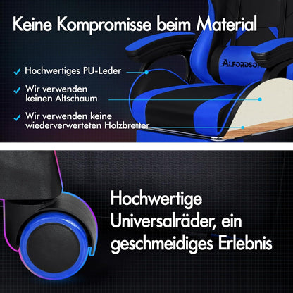 Gaming-Stuhl mit 2-Punkt-Massage, ergonomisch, höhenverstellbar, Blau