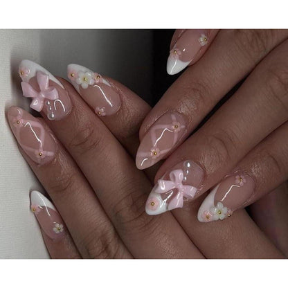 Press on Nails Almond Nude Weiß French Schleife Blumen Pearl