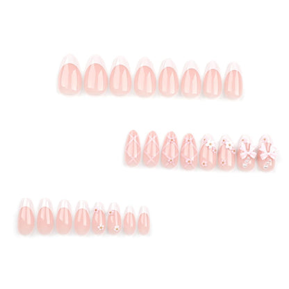 Press on Nails Almond Nude Weiß French Schleife Blumen Pearl
