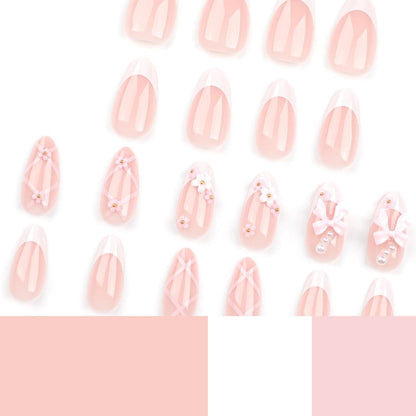 Press on Nails Almond Nude Weiß French Schleife Blumen Pearl