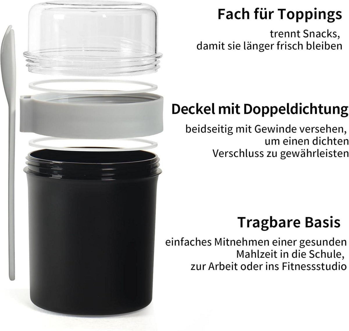 Müsli Joghurtbecher to Go 560ML+220ML mit Löffel Schwarz