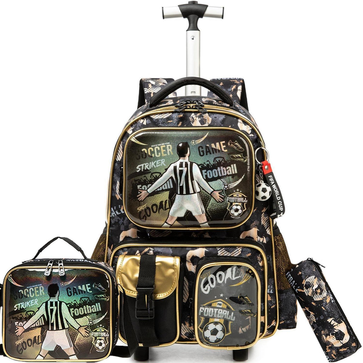 Kinder Trolley Rucksack mit Fußball Design – Schultasche mit Rollen