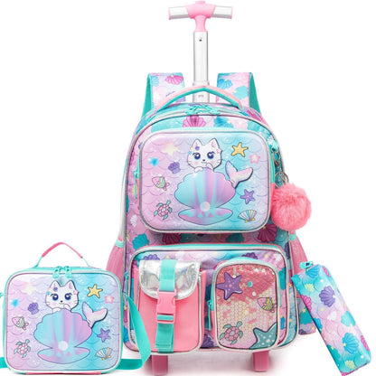 Schulranzen Trolley Mädchen Meerjungfrau Einhorn Rucksack mit Rollen Lila