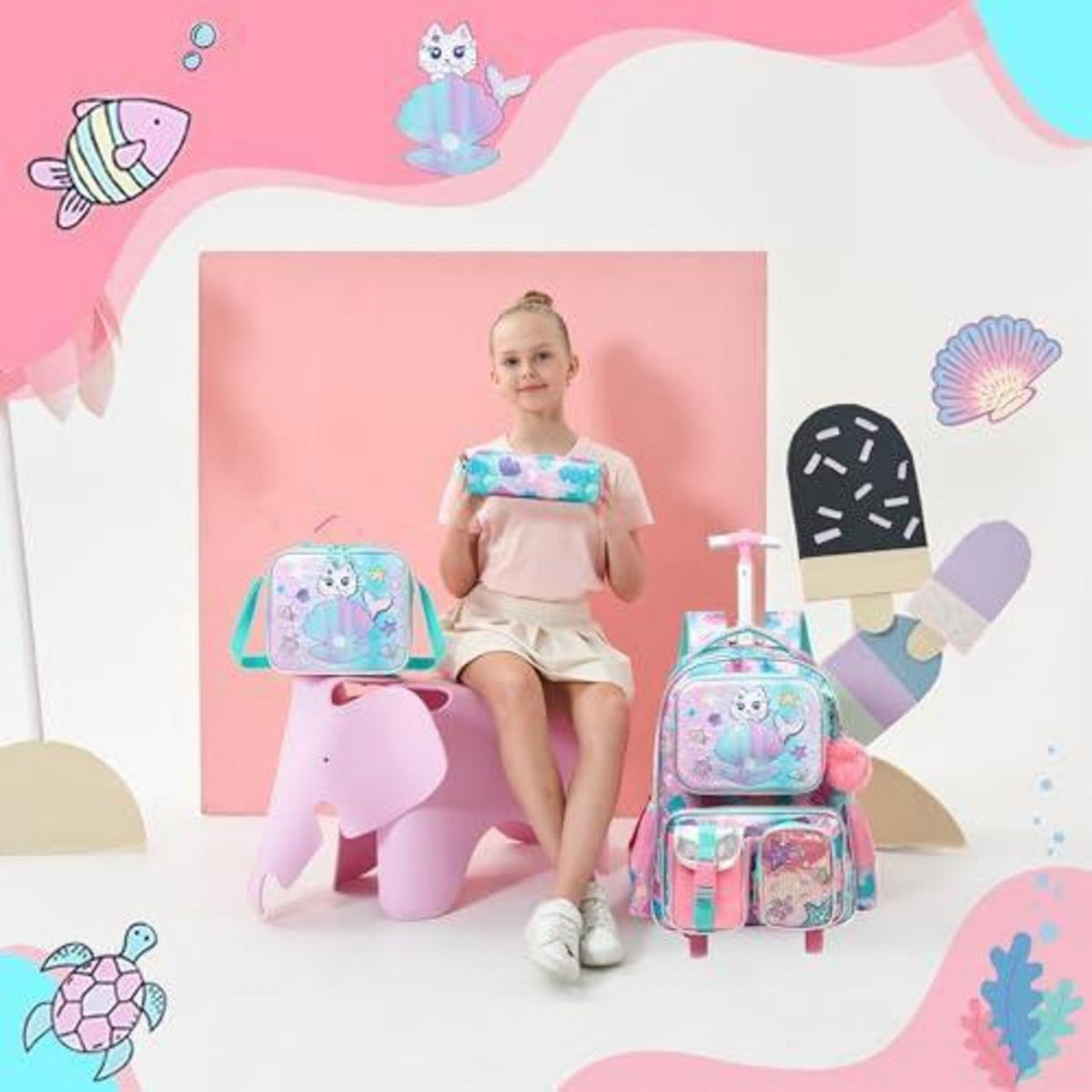 Schulranzen Trolley Mädchen Meerjungfrau Einhorn Rucksack mit Rollen Lila