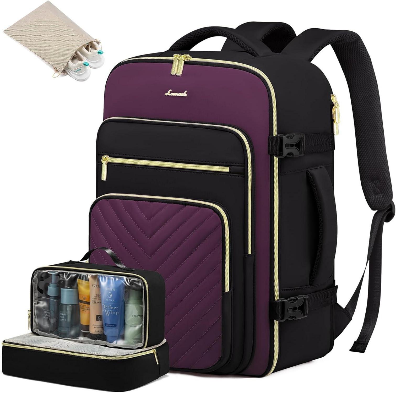 Großer Reiserucksack mit 3 Packing Cubes 40L Schwarz Violett