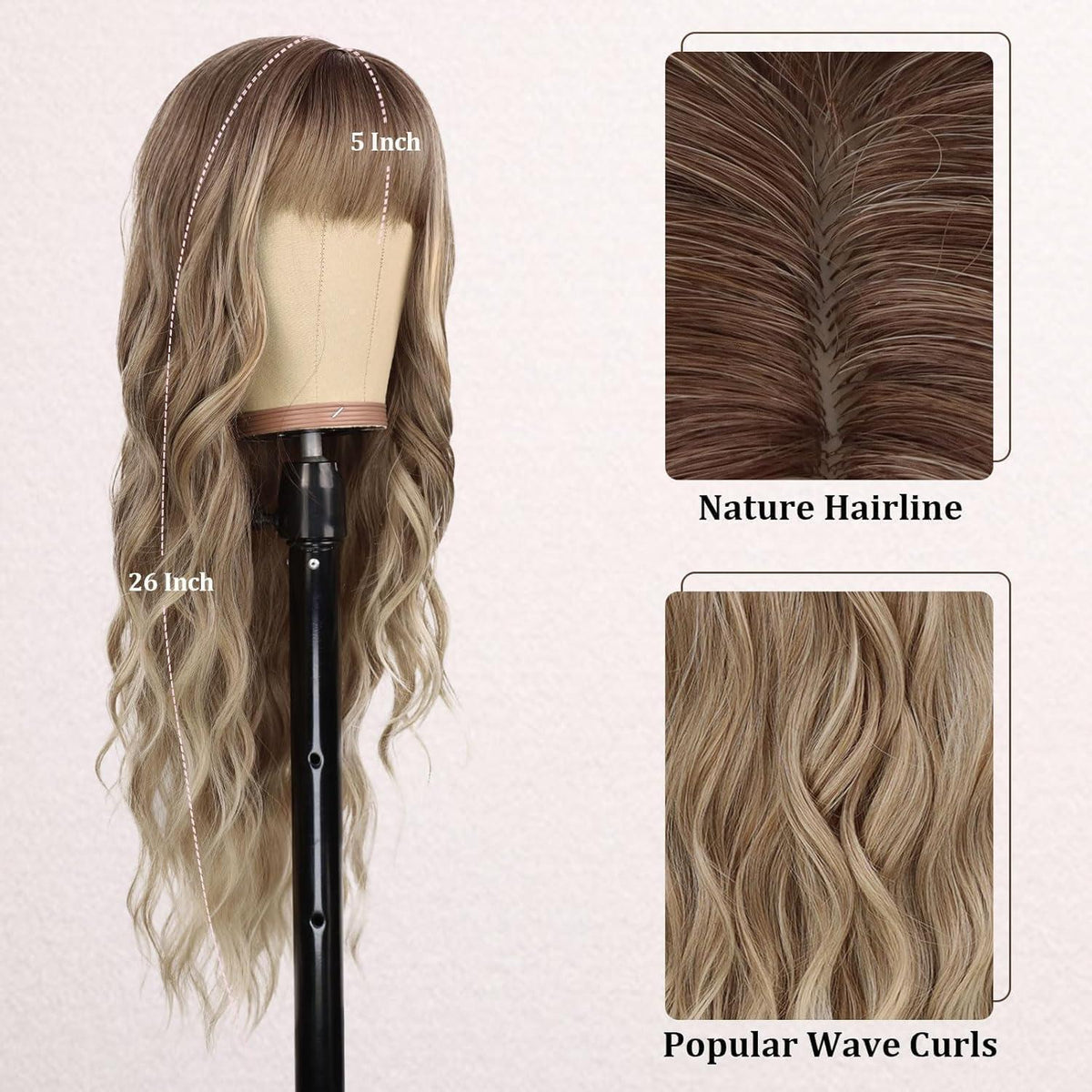 Lange gewellte braun-blonde Perücke mit Pony – 66cm Synthetikhaar