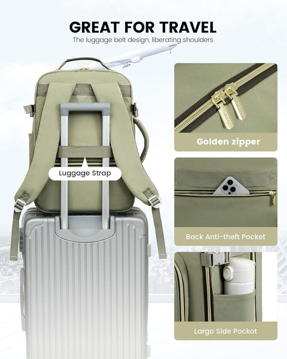 40L Damen Handgepäck Rucksack für Reise Laptop 17 Zoll Wasserdicht Graugrün