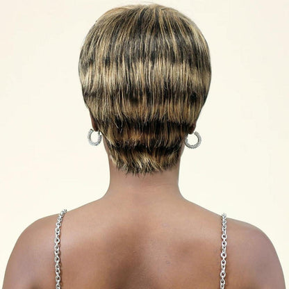 Kurze Echthaar Pixie Cut Perücke mit Pony – Schwarz/Blond