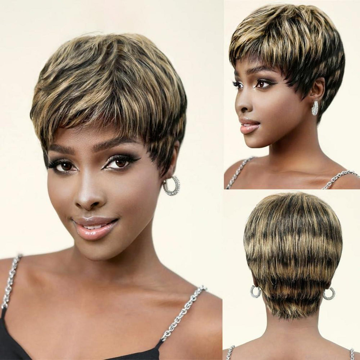 Kurze Echthaar Pixie Cut Perücke mit Pony – Schwarz/Blond