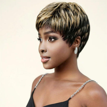 Kurze Echthaar Pixie Cut Perücke mit Pony – Schwarz/Blond