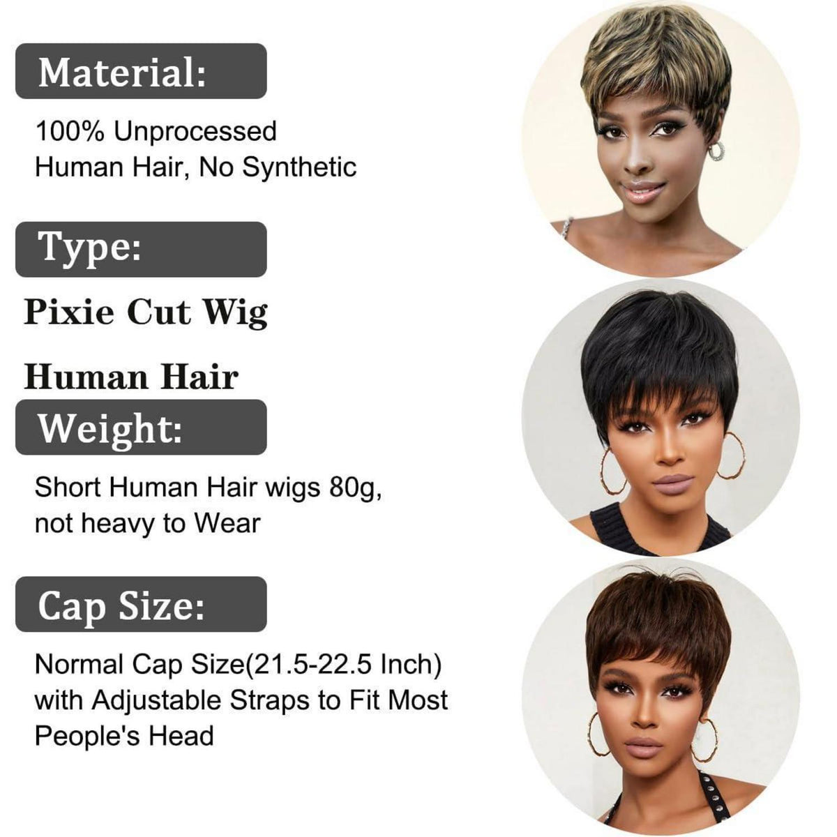 Kurze Echthaar Pixie Cut Perücke mit Pony – Schwarz/Blond