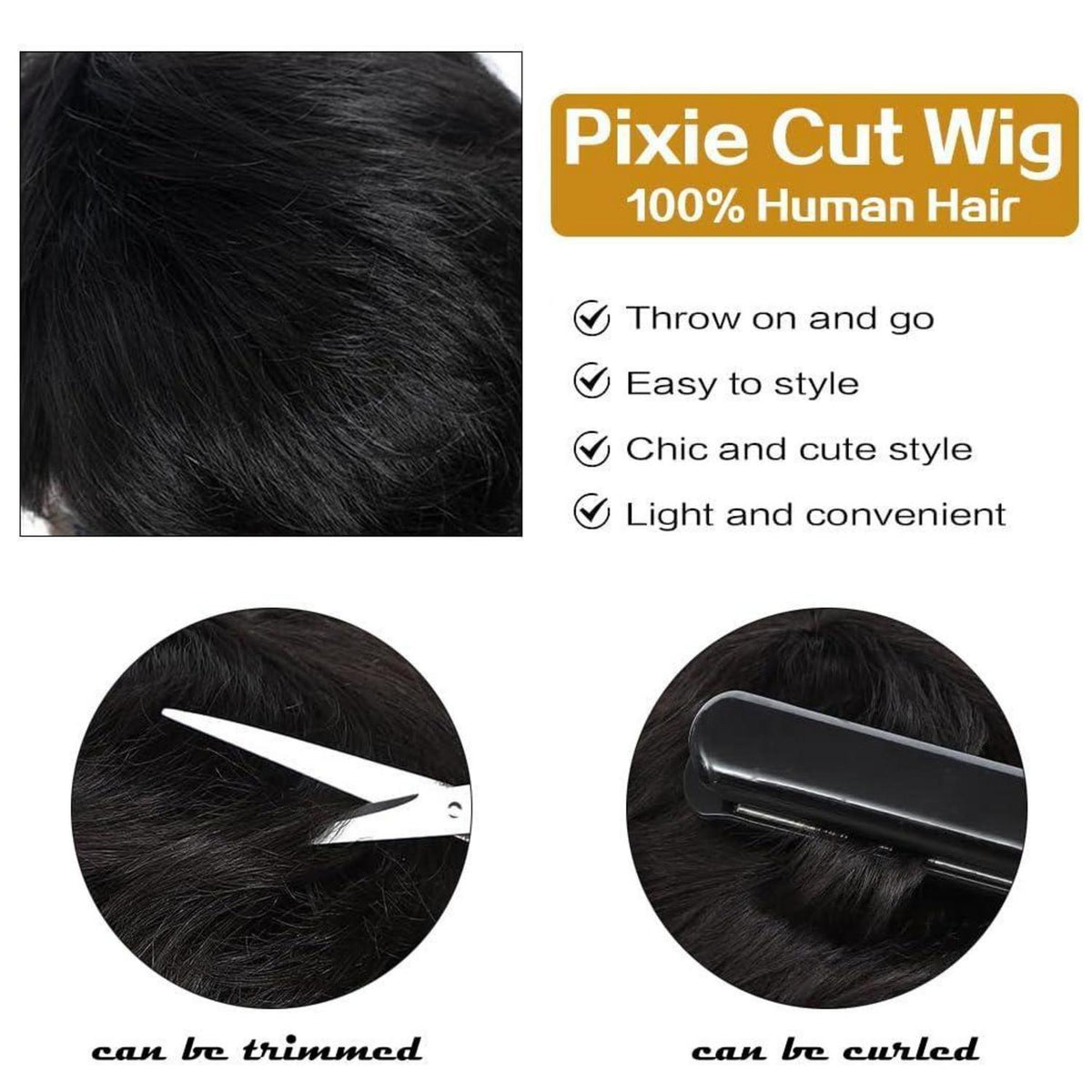 Kurze Echthaar Pixie Perücke mit Pony – Dunkelbraun