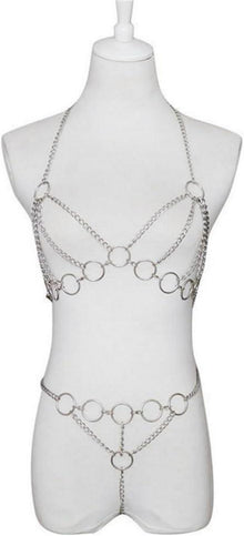 Moinha Frauen Sexy Metallkette Cupless BH Body Harness Set