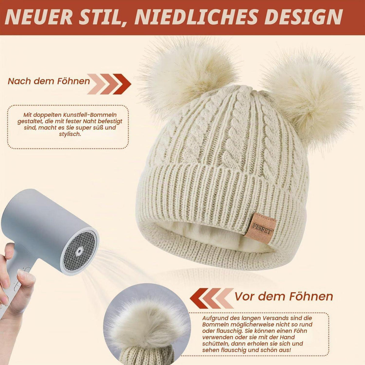 Damen Wintermütze mit Doppelbommel, warme Strick Beanie mit Fleece-Futter Grau