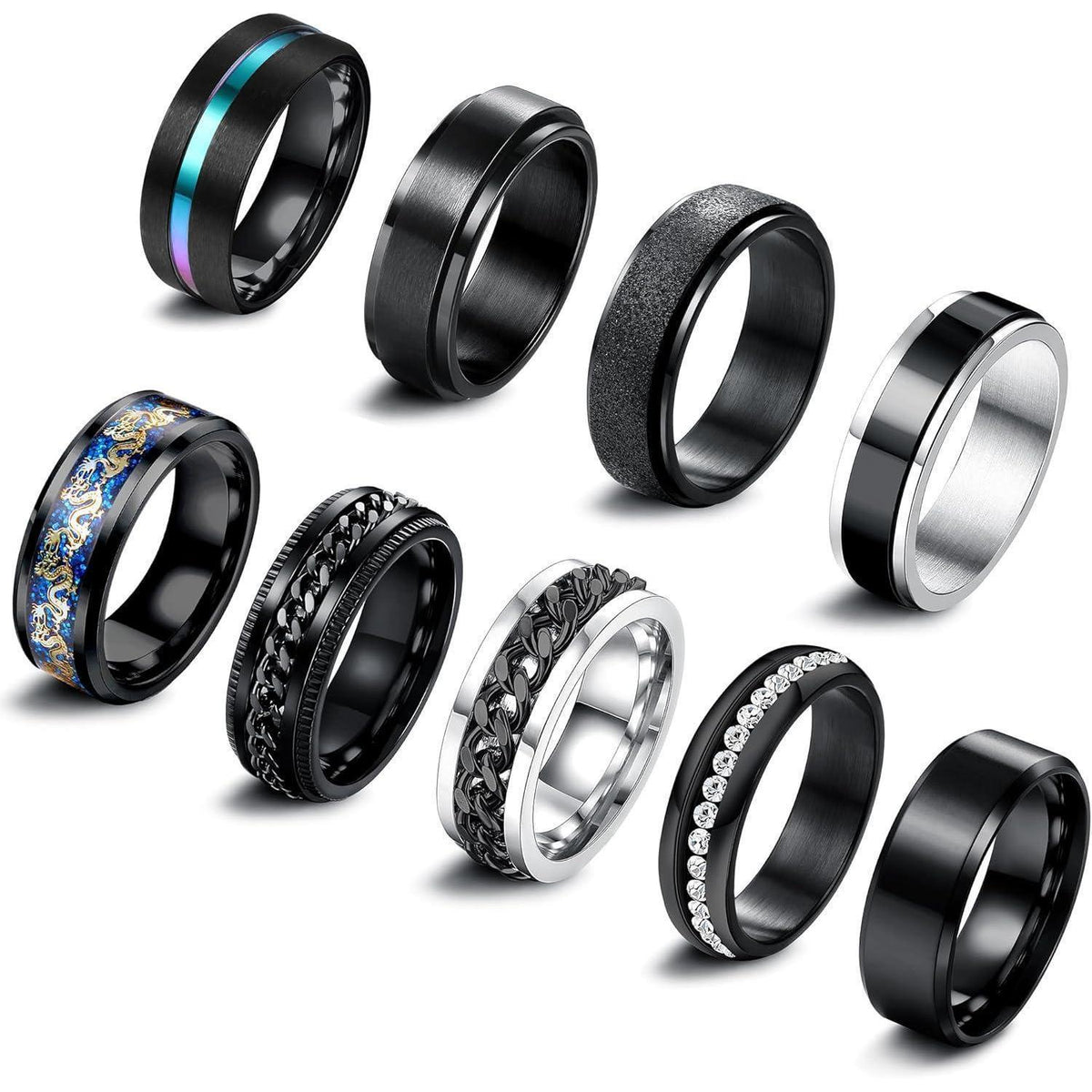 9er Edelstahl Ringe Set Herren Vintage Spinner Ringe Schwarz Silber