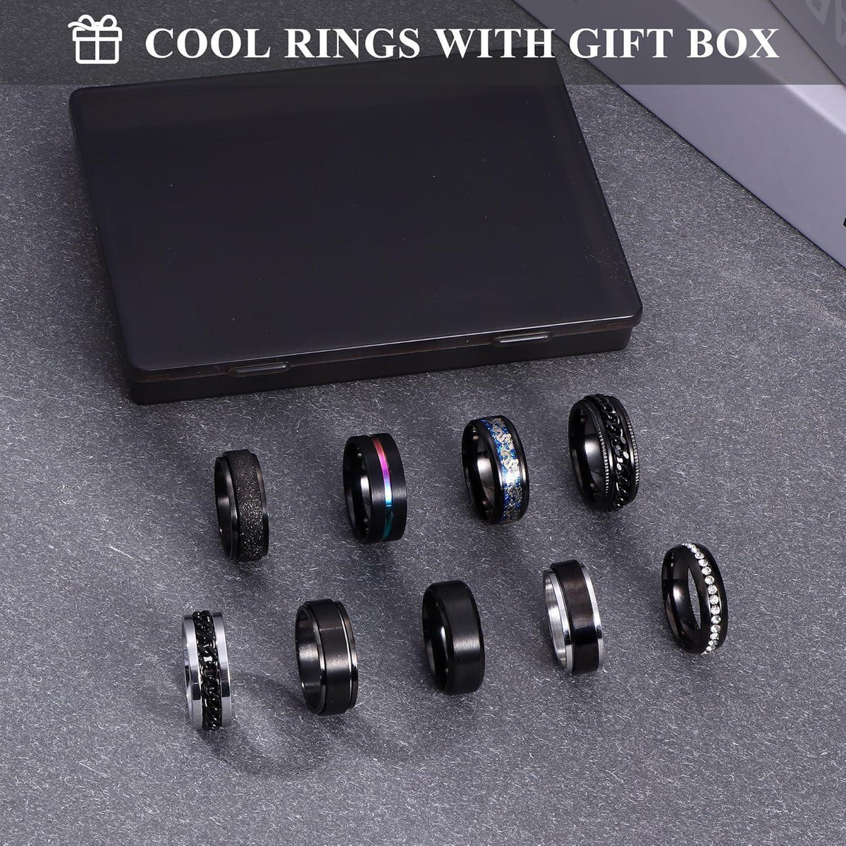 9er Edelstahl Ringe Set Herren Vintage Spinner Ringe Schwarz Silber