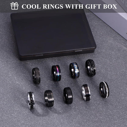 9er Edelstahl Ringe Set Herren Vintage Spinner Ringe Schwarz Silber