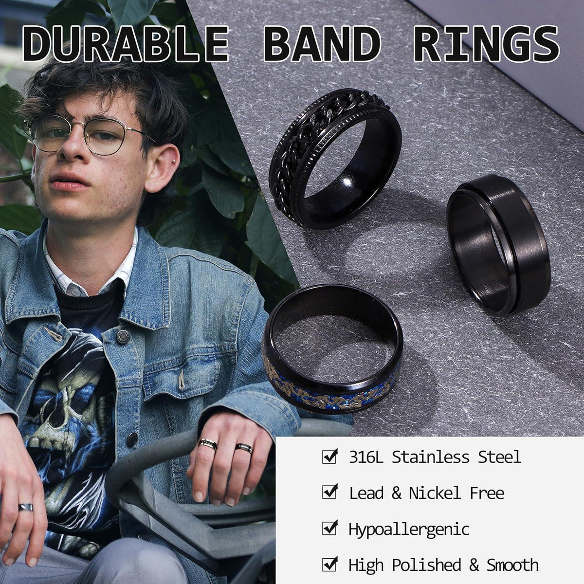 9er Edelstahl Ringe Set Herren Vintage Spinner Ringe Schwarz Silber
