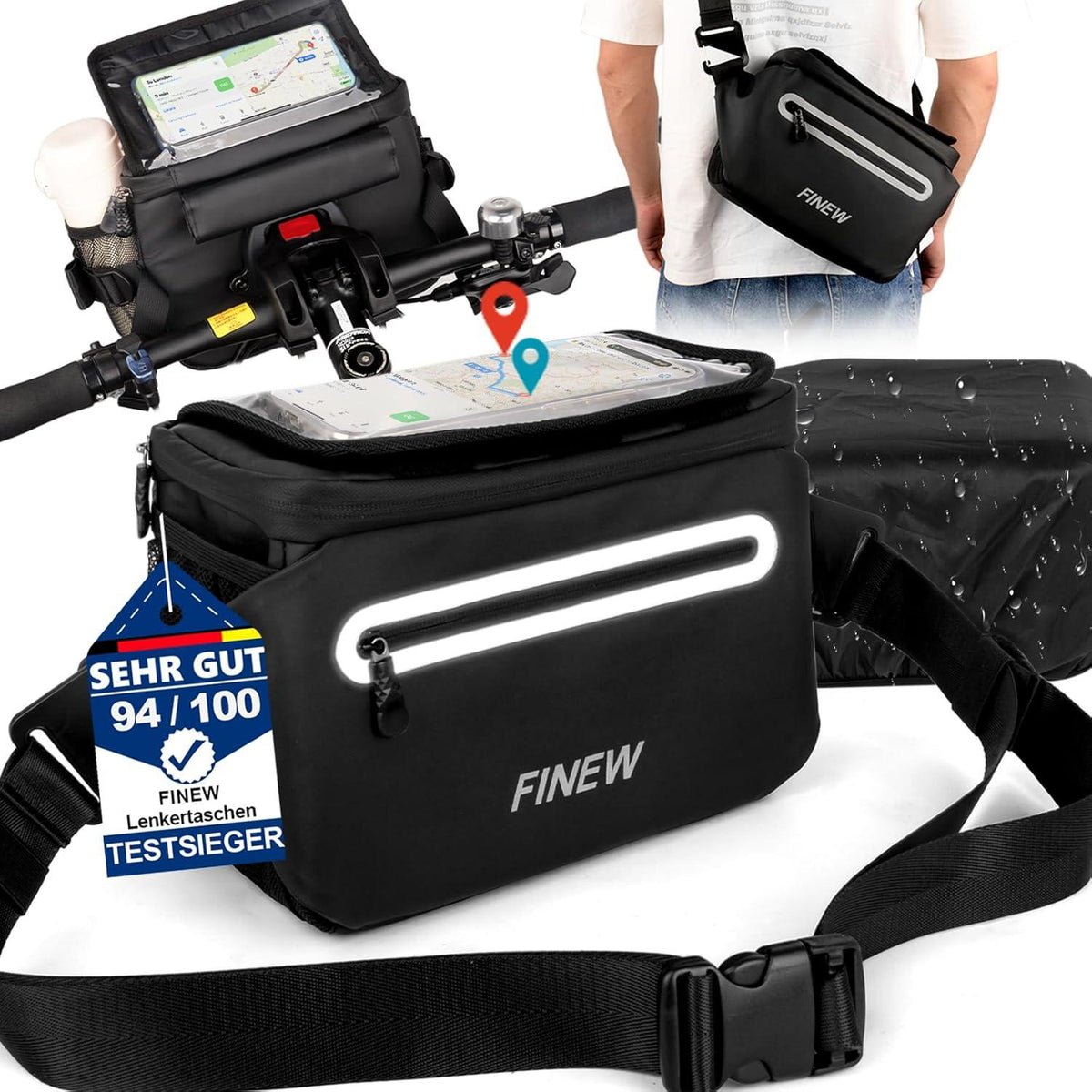 3-in-1 Lenkertasche Fahrrad E-Bike 6L Wasserdicht Touchscreen