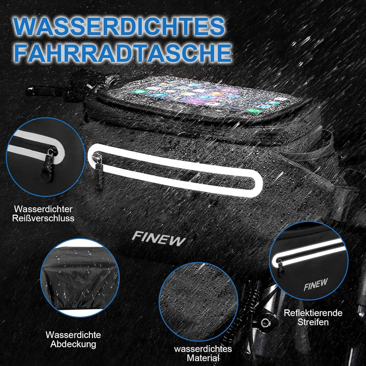 FINEW 3-in-1 Lenkertasche Fahrrad E-Bike 6L Wasserdicht Touchscreen