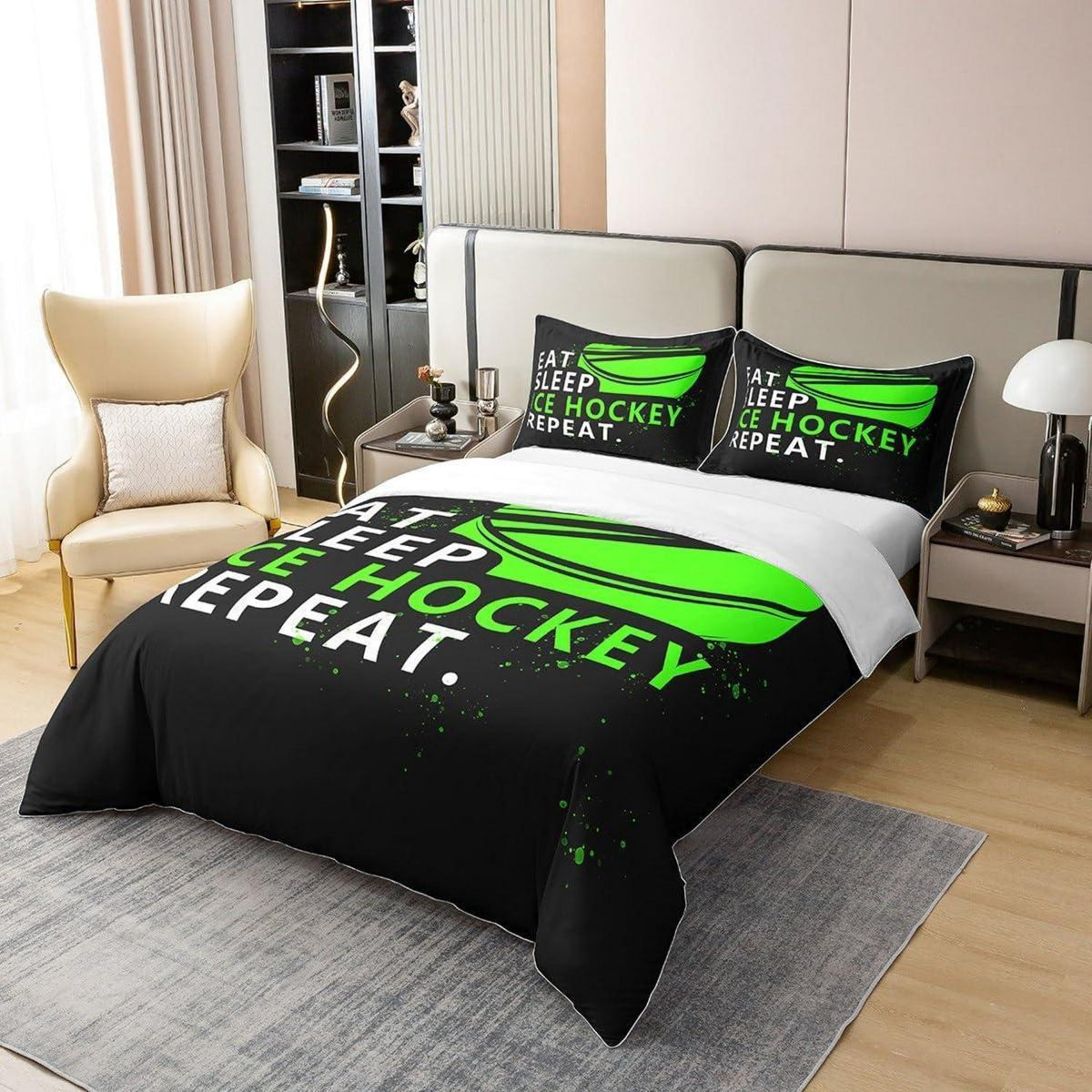 Eishockey Bettwäsche Set 200x200cm – Baumwolle, Grün & Puck Design