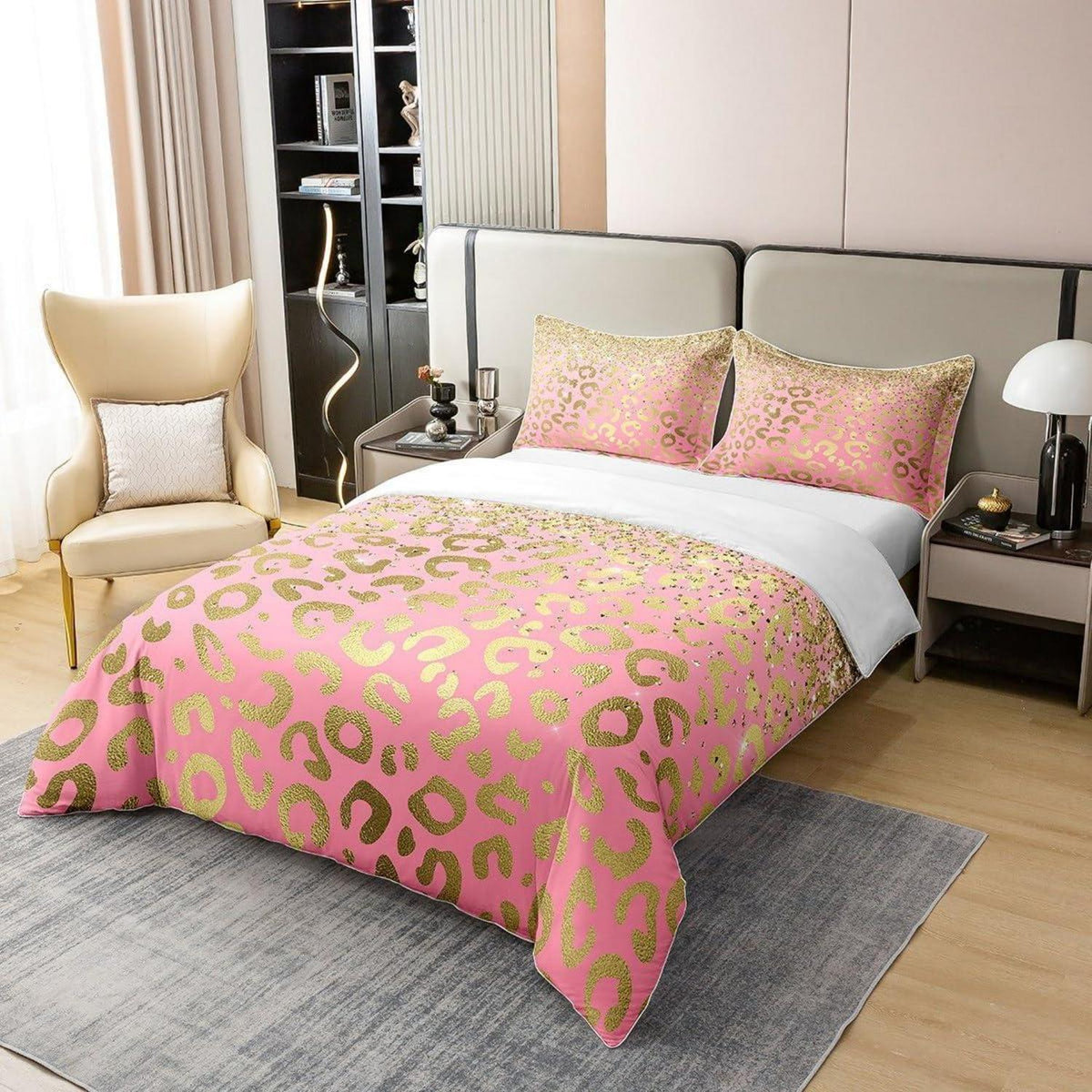 Leopard Bettwäsche Set 220x240cm Baumwolle Pastell Gold