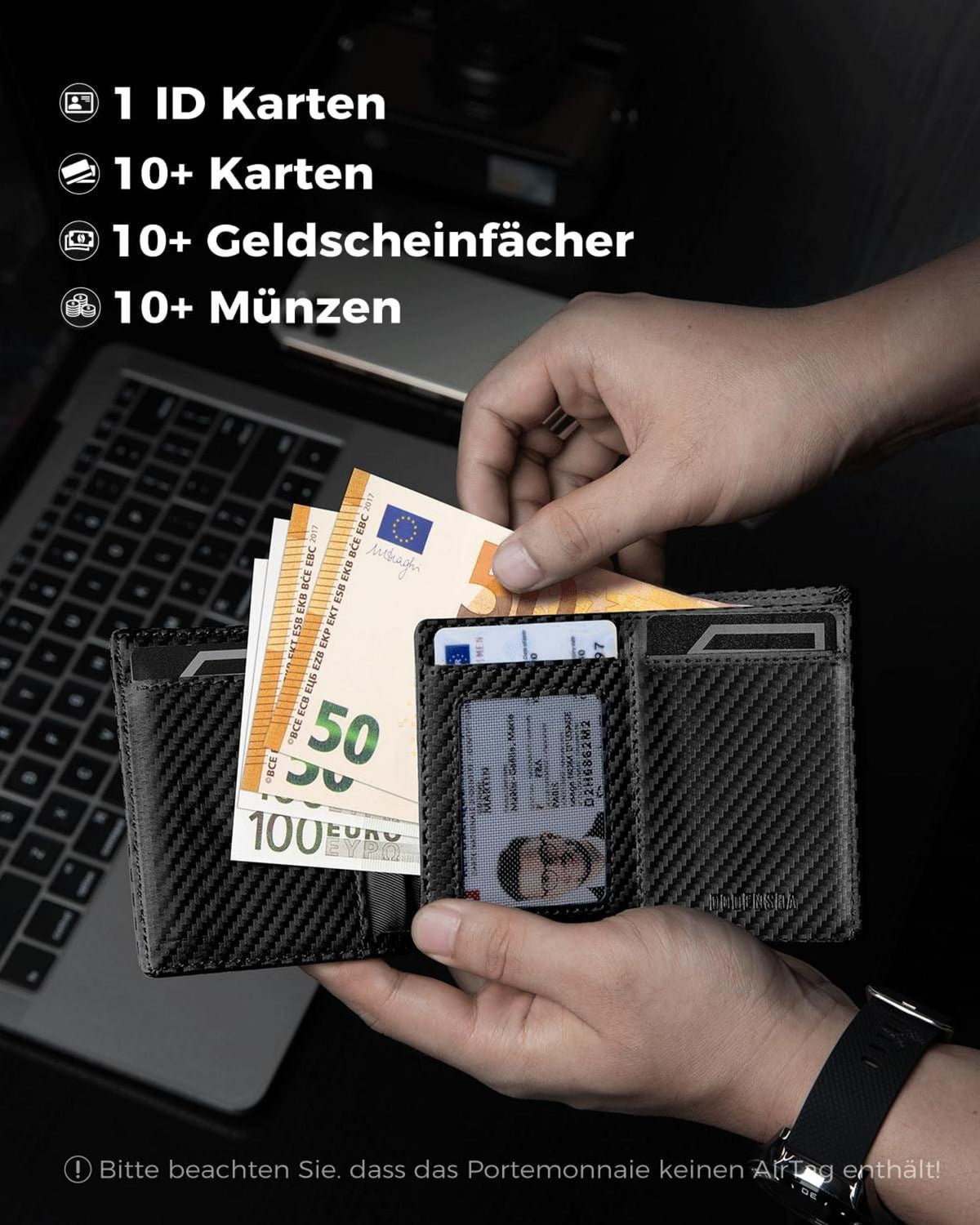 Airtag Wallet Herren XL Münzfach Smart RFID Schutz Portmonee Carbon