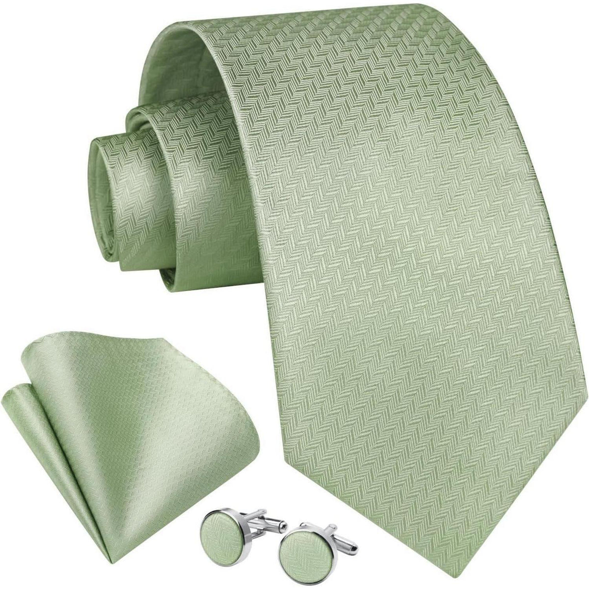 Herren Krawatten Set Seide Paisley mit Einstecktuch & Manschettenknöpfen Salbeigrün