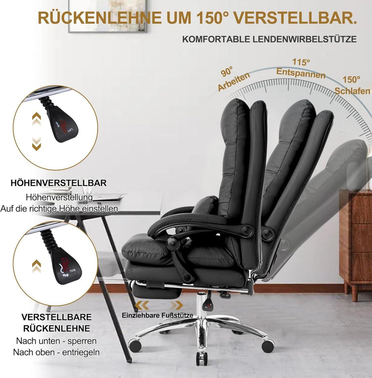 Ergonomischer Bürostuhl Homeoffice Stuhl 150° neigbar höhenverstellbar