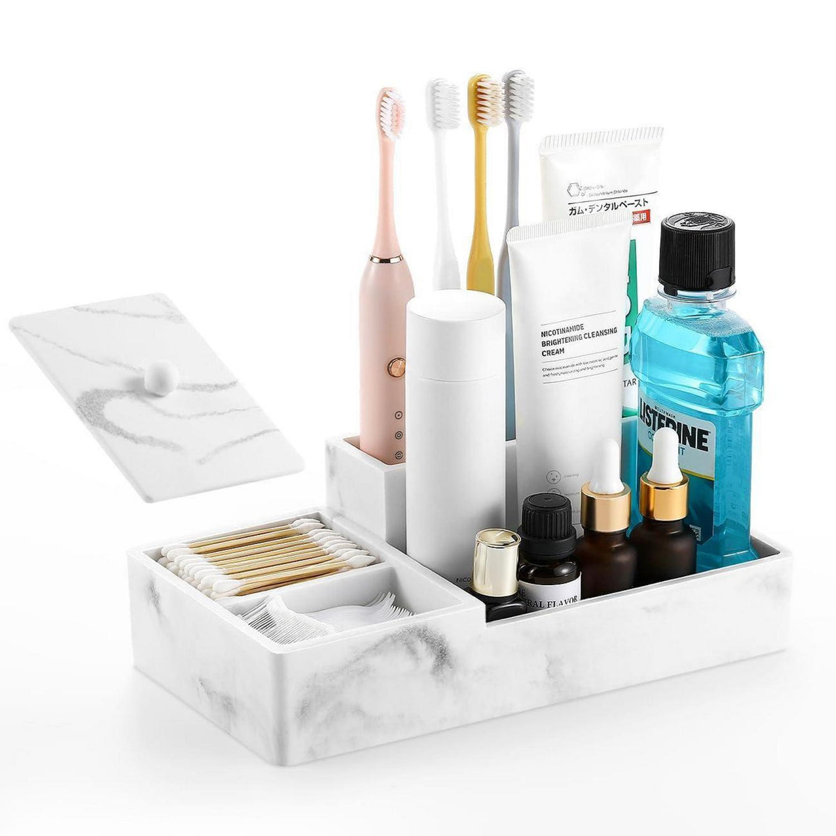 Waschtisch Organizer mit Deckel – 6 Fächer, Kiesweiß