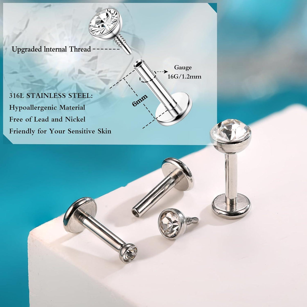 12er Set Helix Piercings Chirurgenstahl mit CZ, 6/8mm Länge