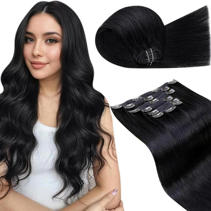 Echthaar Clip in Extensions Schwarz 60cm - Remy Haarverlängerung