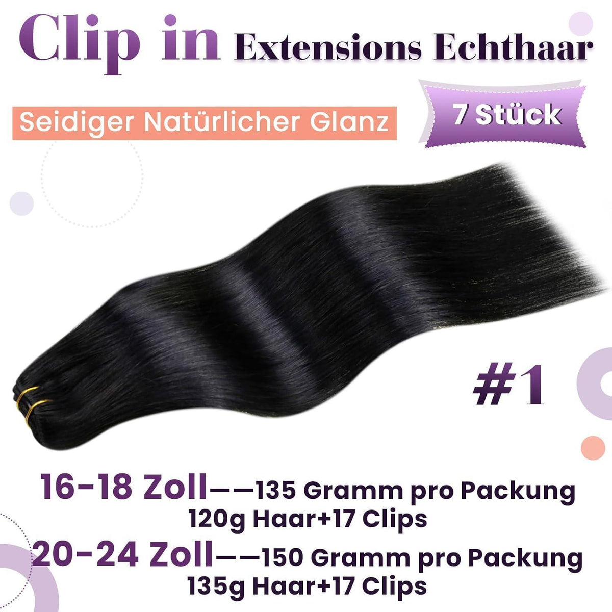 Echthaar Clip-in Extensions Schwarz – 45cm, 120g