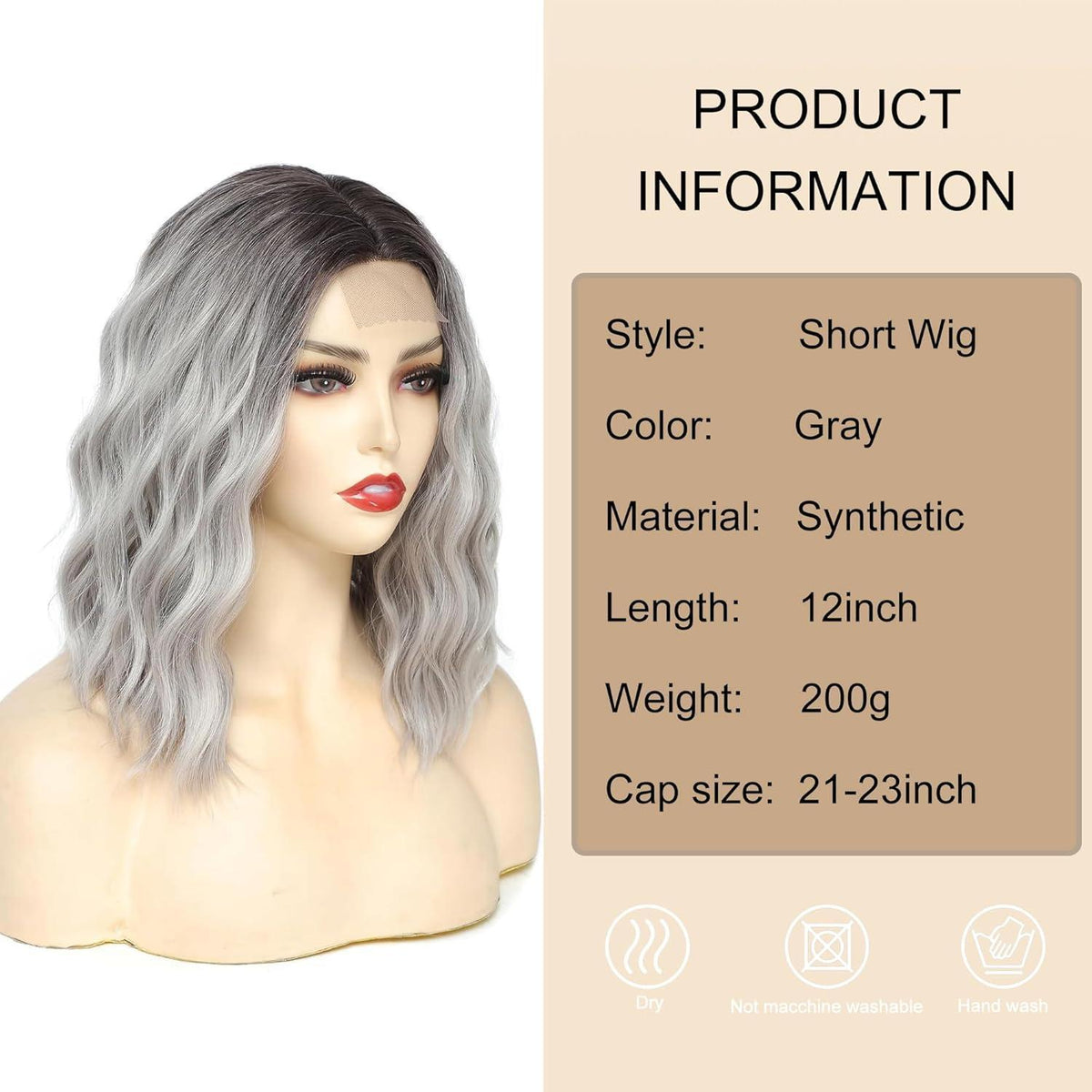 Graue Bob Perücke Wellig Kurz Synthetisch mit Lace Mittelteil