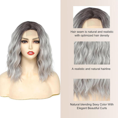 Graue Bob Perücke Wellig Kurz Synthetisch mit Lace Mittelteil